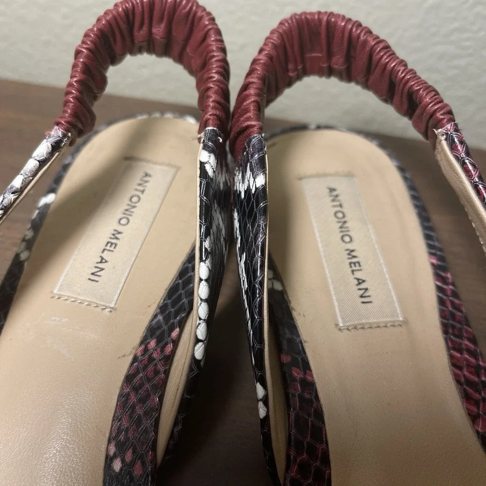 Antonio Melani Radyn Leather‎ Snake Print  Sling Back Flats Burgundy Black Sz 10